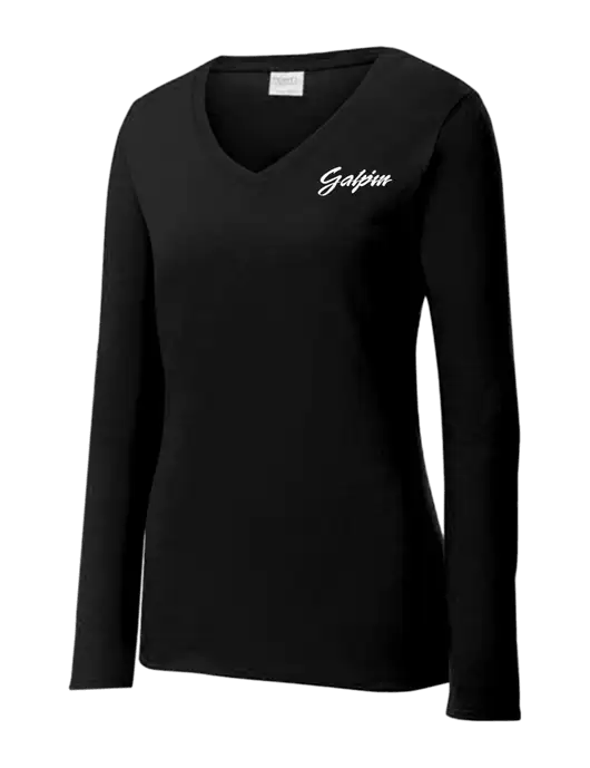 Womens V-Neck Ring Spun Jet Black 4.5 oz Long Sleeve T-Shirt w/Galpin Ford Logo