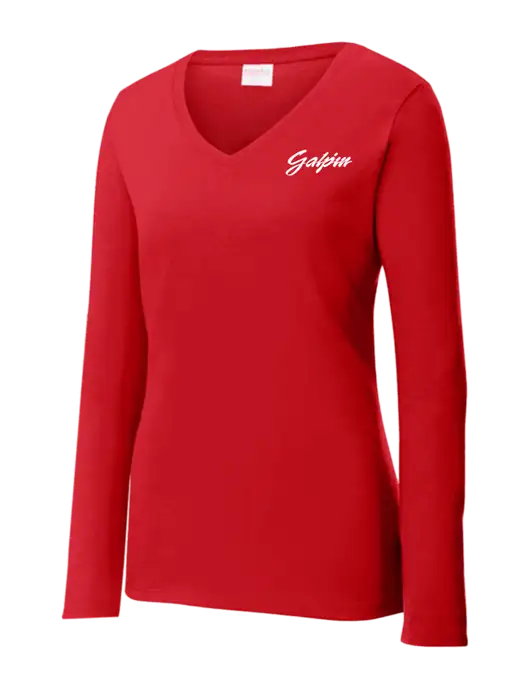 Womens  V-Neck Ring Spun Bright Red 4.5 oz Long Sleeve T-Shirt w/Galpin Ford Logo