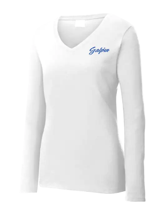 Womens  V-Neck Ring Spun White 4.5 oz Long Sleeve T-Shirt w/Galpin Ford Logo