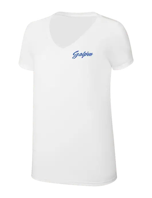 Womens Simply Soft V-Neck White 4.5oz  Poly/Combed Ring Spun Cotton T-Shirt w/Galpin Ford Logo