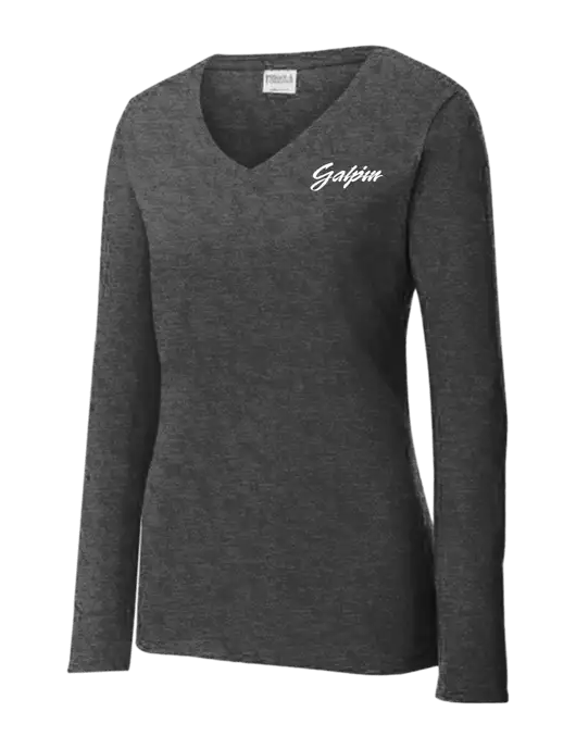 Womens  V-Neck Ring Spun Dark Heather Grey 4.5 oz Long Sleeve T-Shirt w/Galpin Ford Logo