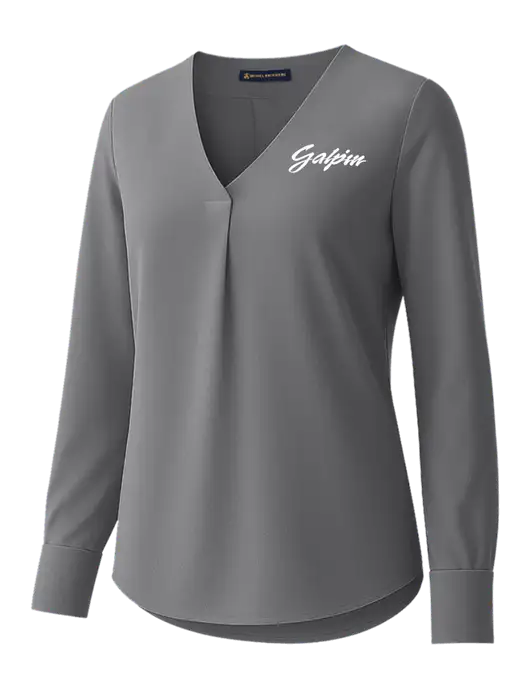 Brooks Brothers Womens Medium Grey Open-Neck Satin Blouse  w/Galpin Ford Logo