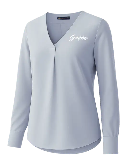 Brooks Brothers Womens Light Slate Blue Open-Neck Satin Blouse  w/Galpin Ford Logo