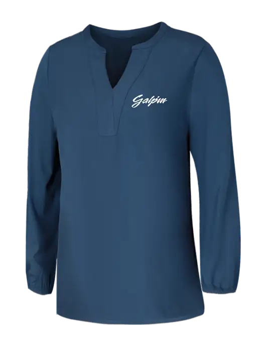 Mercer+Mettle Womens Light Navy Blue Grey Stretch Crepe 3/4 Sleeve Blouse w/Galpin Ford Logo
